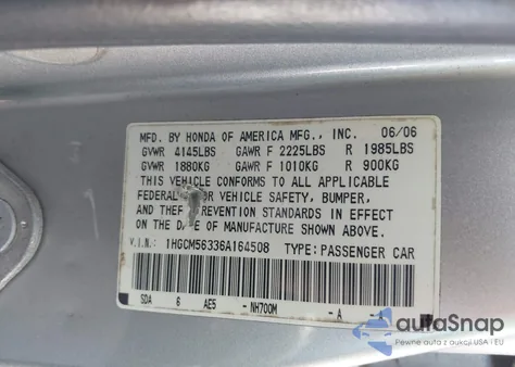 2006 Honda Accord 2.4 Se из США, поврежденный, VIN 1HGCM56336A164508